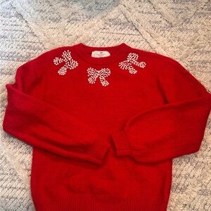 H&M Red Crewneck Sweater with Pearl Bow Accents